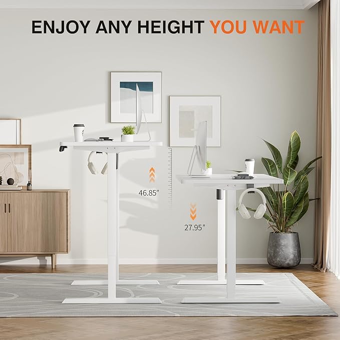 Furmax Electric Standing Desk, 47 x 24 Inches Height Adjustable Desk with Removable Casters, Home Office Computer Desk (White)