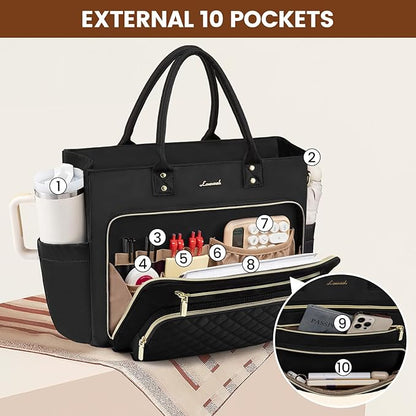 LOVEVOOK Teacher Tote Bag for Women Work, Laptop Bag Work Tote Bag Nurse Bags With Large Cup Holder, Professional Computer Briefcase Business Large Purses Handbag, Diaper Bag Mother Gift, Black