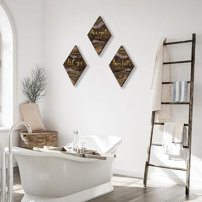 ONIZHITY 3 Pcs Brown Gold Bathroom Decor Brown Wall Decor with Accept Let Go Have Faith Quote Rustic Vintage Farmhouse Wooden Hanging Signs for Home Living Room Bedroom Office(12x7 Inches)