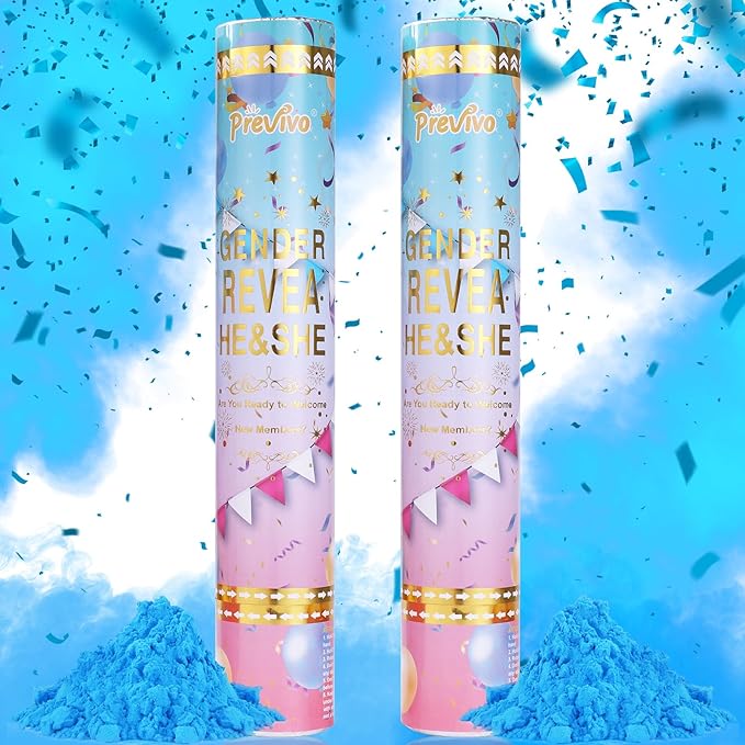 Previvo Gender Reveal Confetti Powder Cannon - 2 Pack Blue Baby Gender Reveal Poppers - 100% Biodegradable Powder Smoke - Baby Party Supplies