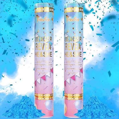 Previvo Gender Reveal Confetti Powder Cannon - 2 Pack Blue Baby Gender Reveal Poppers - 100% Biodegradable Powder Smoke - Baby Party Supplies