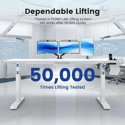 FEZIBO 71 x 37 Inch Standing Desk with Integrated Dual-Beam, Height Adjustable Computer Desk, Sit Stand Desk for Home Office Workstation, 1" Thick Large 3-Piece Desktop White