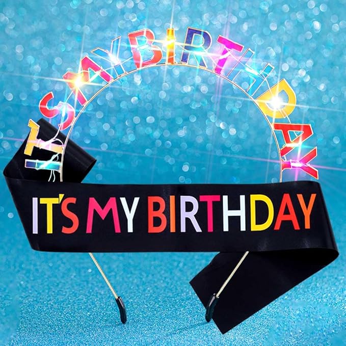 Its My Birthday Headband and Sash Light Up Crown Led Birthday Accessories Sets for Women