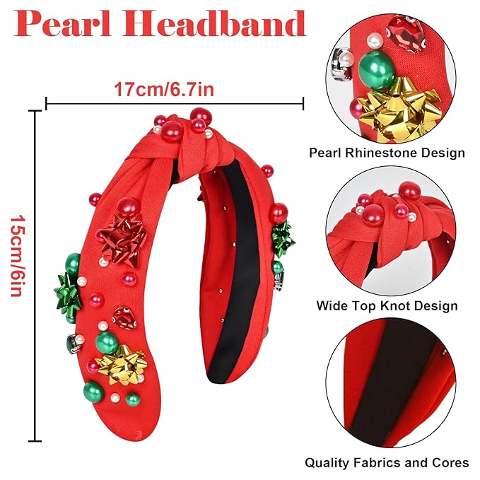 Christmas Headband for Women & Bride with Flower, Pearl & Crystal - Knotted Hairband, Top Knot Headpiece for Ugly Christmas Sweater, Holiday Party Costume, Dresses & Tops, Festive Gift (Red