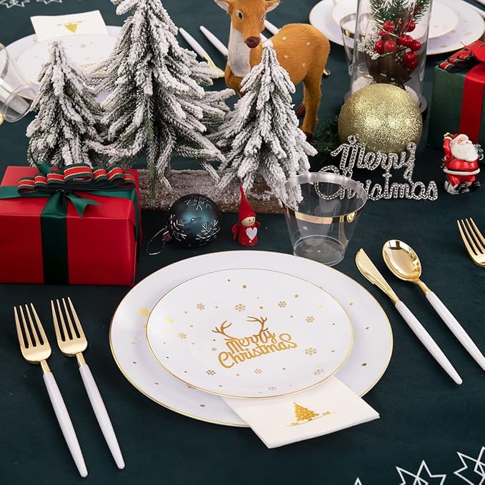 Nervure 175PCS Christmas Plastic Plates - White and Gold Disposable Plates & Gold Plastic Silverware with White Handle include 50 Plates 25Knives 25Forks 25Spoons 25Napkins for Christmas Party
