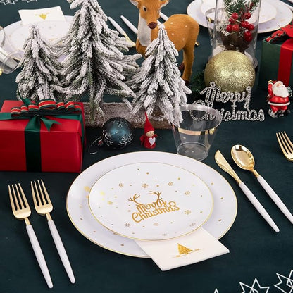 Nervure 175PCS Christmas Plastic Plates - White and Gold Disposable Plates & Gold Plastic Silverware with White Handle include 50 Plates 25Knives 25Forks 25Spoons 25Napkins for Christmas Party