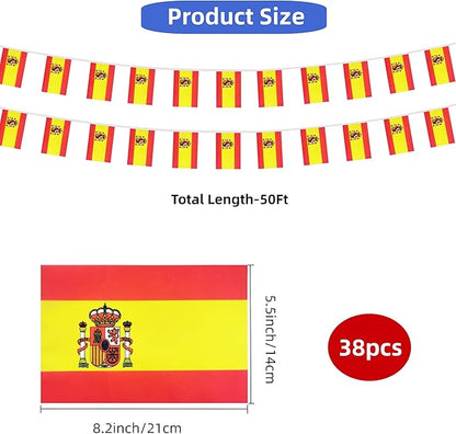 Spain Small String Flags, 50 Feet 38 Pcs Spanish Pennant Banner Bunting Flags, Patriotic Events, Independence Day, Country Festival, Commemoration, Decorations (Spain)