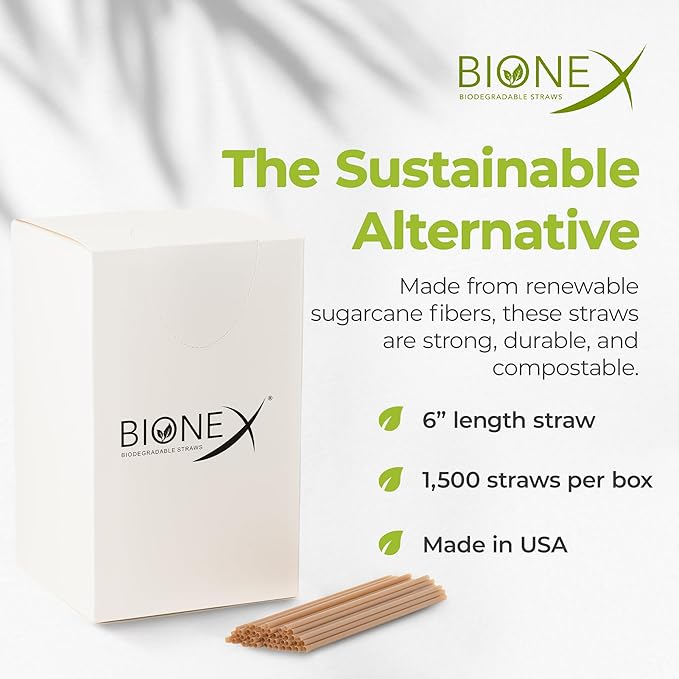6-inch Sugarcane Straws, 1500 Count Unwrapped Cocktail Straws, Plastic Straw and Paper Straw Alternative, US-Manufactured (Pack of 1, 1500 Count per Pack)