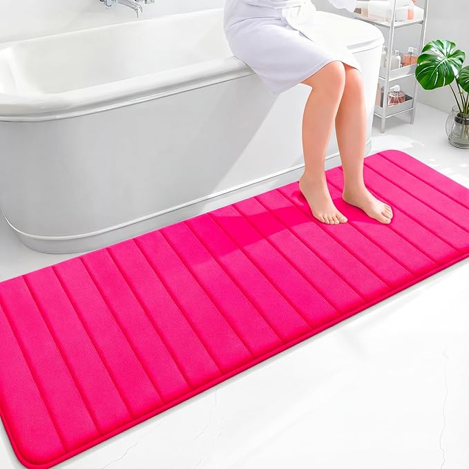 OLANLY Memory Foam Long Bathroom Rugs Runner 70x24, Super Soft Absorbent Bath Mat, Quick Dry, Machine Washable Shower Floor Rugs, Bathmat Carpet, Bathroom Home Decor Accessories, Hot Pink