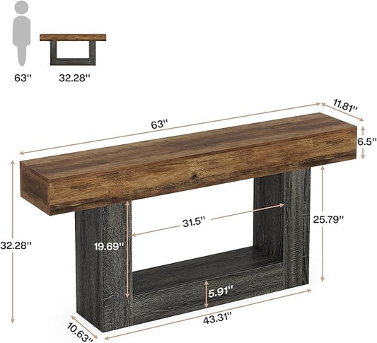 Tribesigns 63" Console Table, Farmhouse 2-Tier Entryway Table with U-Shaped Base, Narrow Long Wood Sofa Table Behind Couch Table for Living Room, Hallway, Foyer, Vintage Brown & Gray | Farmhouse, Entryway Table, Narrow, Long, Sofa Table, Behind Couch T...