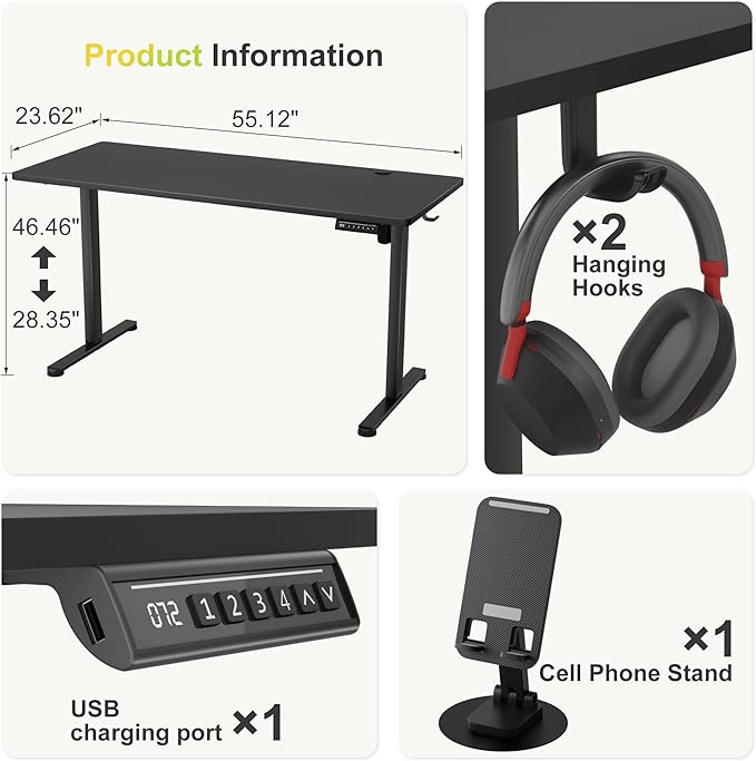 Furmax Electric Standing Desk, 55 x 24 Inches Sit Stand up Desk, Sit Stand Height Adjustable Home Office Desk with 4 Height Position Memory - with Splice Board (Black, 55)