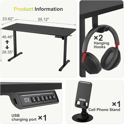 Furmax Electric Standing Desk, 55 x 24 Inches Sit Stand up Desk, Sit Stand Height Adjustable Home Office Desk with 4 Height Position Memory - with Splice Board (Black, 55)