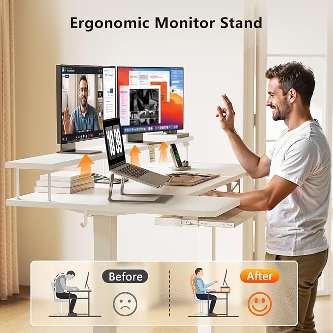 OffiGo U Shaped Electric Standing Desk with Keyboard Tray, 55 Inch Height Adjustable Desk with Power Outlets & LED Lights, Sit Stand Table with Monitor Stand for Home, Office, White