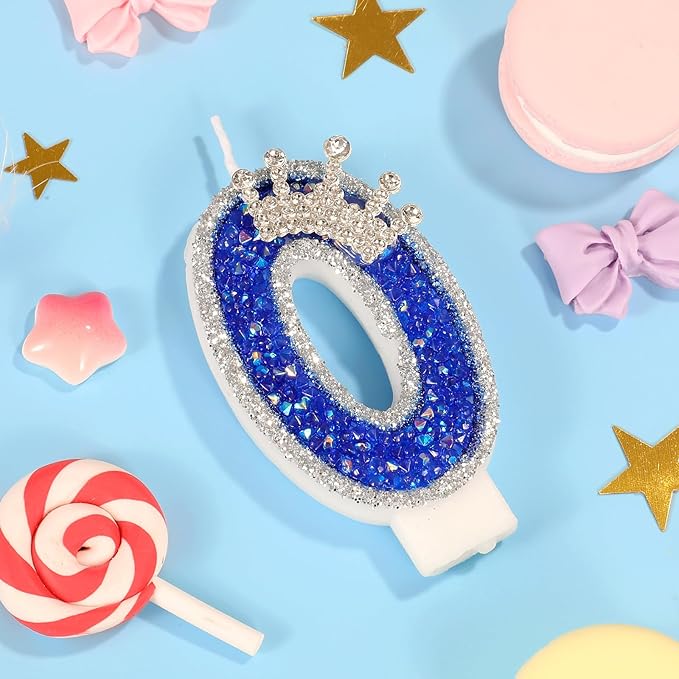Blue Birthday Candle Crown Number 0 Candle with Sequins Cake Candles Cupcake Decorations Party Decor for Anniversary Celebrations Supplies