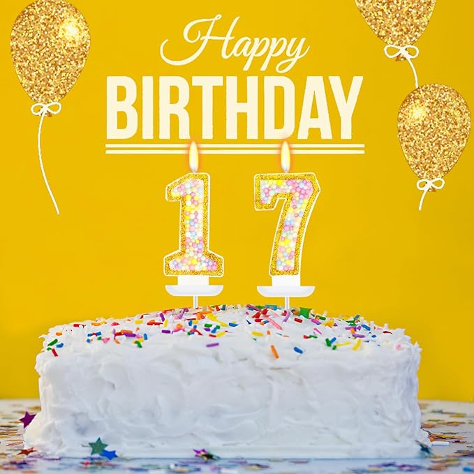 17th Birthday Candle for Cake, Colorful Macaron Numeral Candles for Boys/Girls, Birthday Party Cake Decorations, Golden Cake Topper for Birthday Party Supplies (Number 17)
