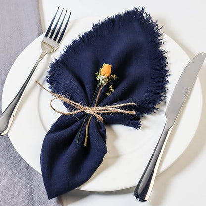 Handmade Cloth Napkins with Fringe,18 x 18 Inches Cotton Linen Napkins Set of 6 Versatile Handmade Square Rustic Fringe Napkins for Dinner, Wedding and Parties, Navy Blue