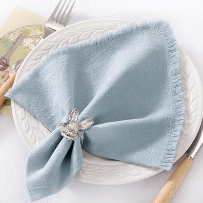 12 Pack Gray- Blue Cotton Linen Napkins with Fringe Christmas Cloth Napkins Set of 12 Boho Handmade Holiday Napkins Bulk for Wedding Baby Shower Xmas Dinner Table Parties, 17 x 17 Inches