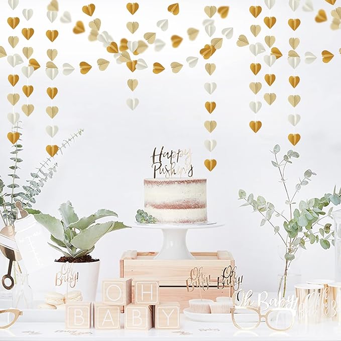 White-Gold Champagne Gold 3D-Heart Garland - 39Ft Christmas Wedding Engagement Hanging Decoration Streamers Banner,Bachelorette Neutral Baby Bridal Shower Valentines Party Decor Ouruola