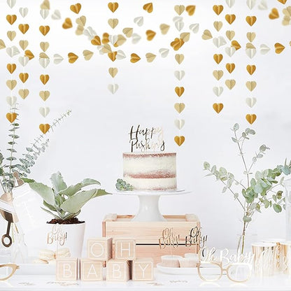 White-Gold Champagne Gold 3D-Heart Garland - 39Ft Christmas Wedding Engagement Hanging Decoration Streamers Banner,Bachelorette Neutral Baby Bridal Shower Valentines Party Decor Ouruola