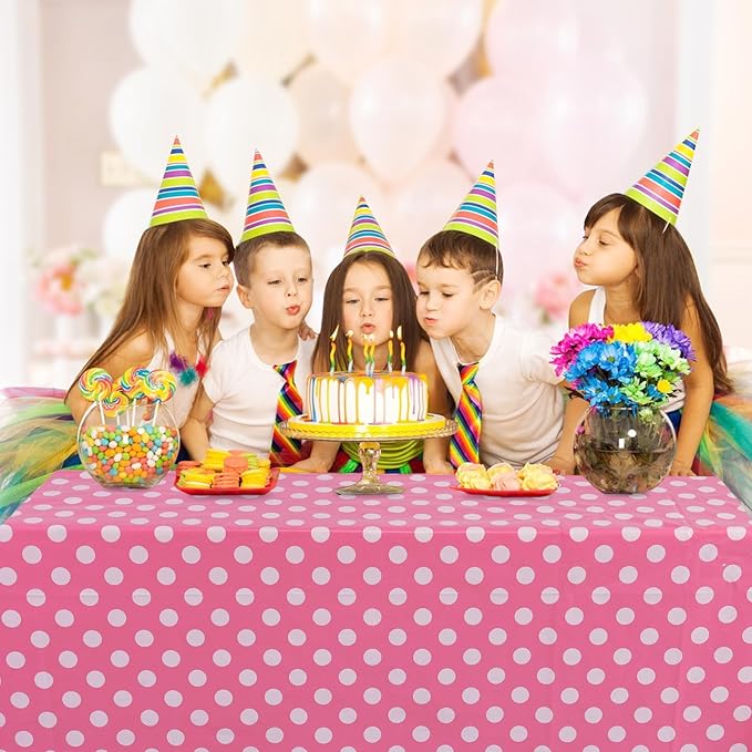 Kesfey 5 Packs Pink Polka Dot Tablecloth 54 x 108 Inch Minnie Mouse Table Cloths Pink and White Balloon Dots Minnie Theme Table Cover Disposable Plastic Rectangle Picnic Tablecovers for Birthday Party