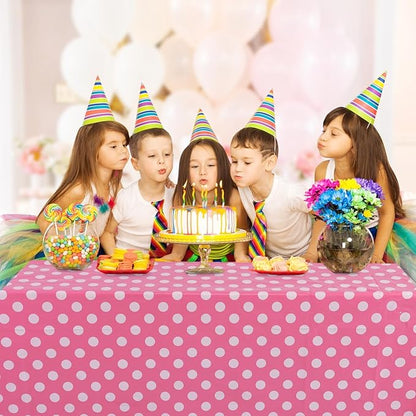 Kesfey 5 Packs Pink Polka Dot Tablecloth 54 x 108 Inch Minnie Mouse Table Cloths Pink and White Balloon Dots Minnie Theme Table Cover Disposable Plastic Rectangle Picnic Tablecovers for Birthday Party