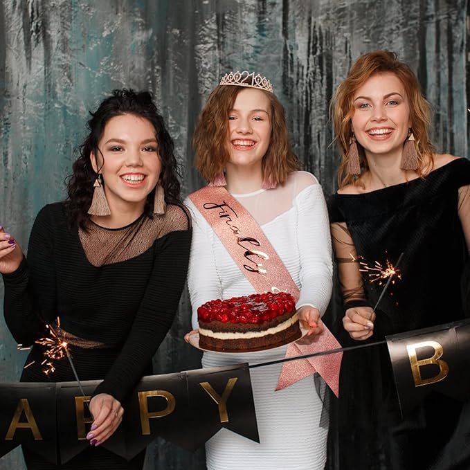 CIEHER Rose Gold 21st Birthday Sash, Tiara and Decorations - Elegant 21 Year Old Birthday Gift Set