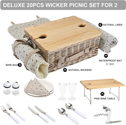 Multifunctional Wicker Picnic Basket Set for 2 with Blanket and Picnic Table, Insulated Picnic Set with Full Tablewares for Camping Outdoor Couples,Cherry