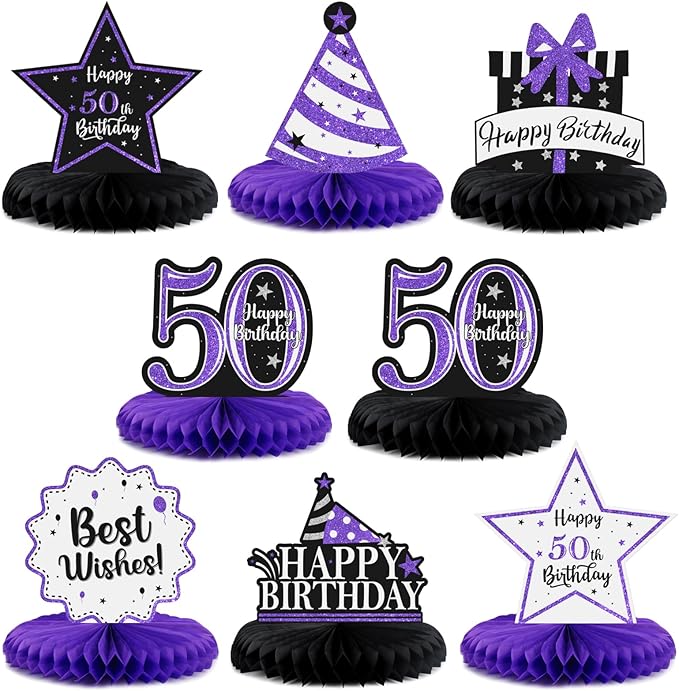 Happy 50th Birthday Decorations,50th Bday Purple Glitter Shiny Stand Honeycomb Table Centerpieces - Cheers to Fifty Years Old Birthday Party Photoprop Gift Sign.