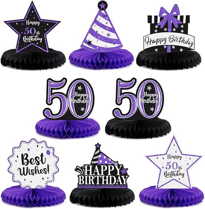 Happy 50th Birthday Decorations,50th Bday Purple Glitter Shiny Stand Honeycomb Table Centerpieces - Cheers to Fifty Years Old Birthday Party Photoprop Gift Sign.