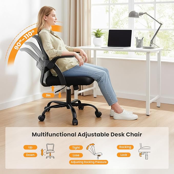 Sweetcrispy Home Office Managerial Executive Chair, Flip Up Armrest Ergonomic Mesh Adjustable Swivel Mid-Back Computer Desk Chair with Comfortable Lumbar Support, Comfy Arms for Bedroom,Study