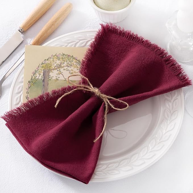 12 Pack Burgundy Red Cotton Linen Napkins with Fringe Christmas Red Cloth Napkins Set of 12 Boho Handmade Holiday Napkins Bulk for Wedding Baby Shower Christmas, 17 x 17 Inches