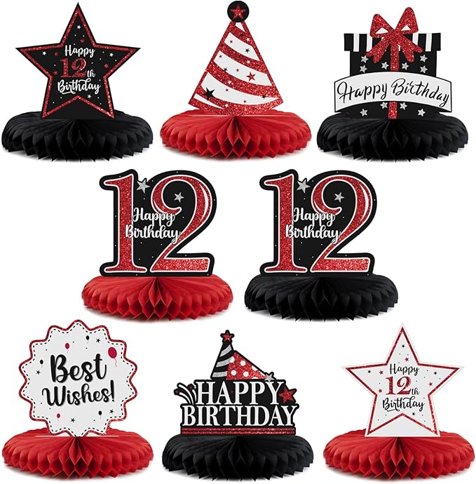 Happy 12th Birthday Decorations,12th Birthday Red Glitter Shiny Stand Honeycomb Table Centerpieces - Cheers to Twelve Years Old Birthday Party Photoprop Gift Sign.