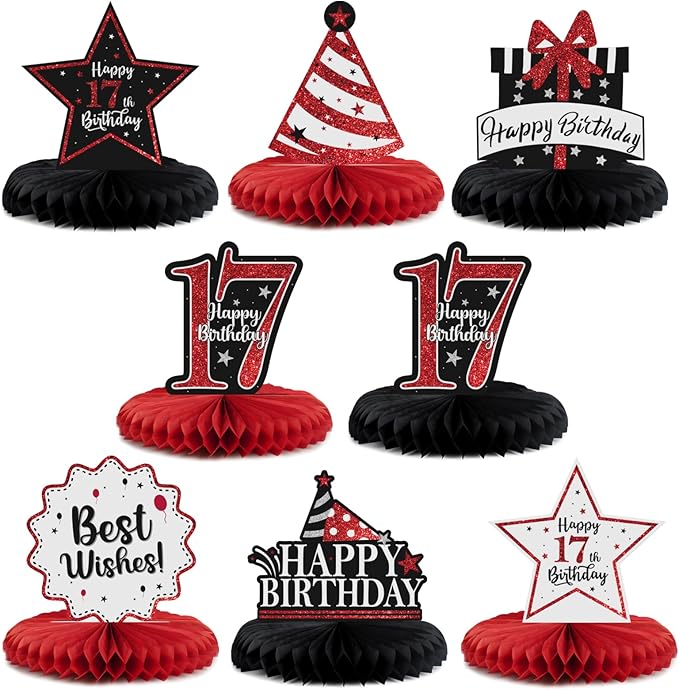 Happy 17th Birthday Decorations,17th Birthday Red Glitter Shiny Stand Honeycomb Table Centerpieces - Cheers to Seventeen Years Old Birthday Party Photoprop Gift Sign.