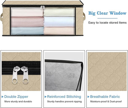 HomeHacks Storage 6-Pack Clothes Organizer Storage Bags Foldable Storage Box with Large Clear Window Sturdy Handles for Closet, Dorm, Pillows, Bedding, Clothes, Blankets, 35L, Beige
