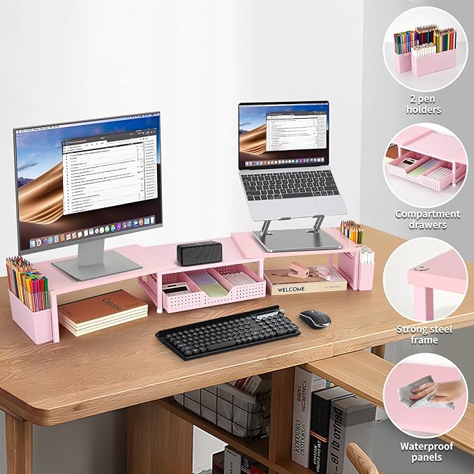 OPNICE Desk Organizers and Accessories, Dual Monitor Stand Riser with Drawer and 2 Pen Holders, Desk Shelf Wood Computer Racks for Office Workspace Organizers, Desktop Organization (White Wood)