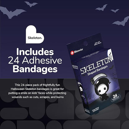 BioSwiss Kids Bandages, Halloween Skeleton Shaped Self Adhesive Bandage Set, Latex Free, Sterile Wound Care, 24 Count