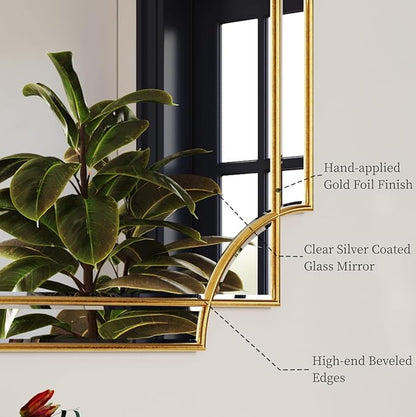 Kelly Miller Large Gold Mirror for Wall, 30"x46" Gold Bathroom Mirror Vanity Mirror Decorative Mirror Scalloped Beveled Mirror for Master Bath Half Bath Living Room Bedroom Farmhouse Fireplace Hallway
