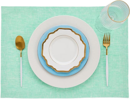 Solino Home Linen Cloth Placemats Set of 4-100% Pure Linen Chambray Aqua Placemats 14 x 19 Inch - Athena