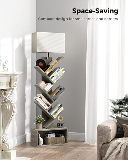 Evermagin 6 Tier Tree Bookshelf with Light, Narrow Bookcase Tower, Tall Floor Standing Book Shelf Organizer with Storage Cabinet for Living Room, Bedroom and Home Office, Gray