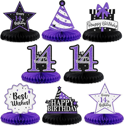Happy 14th Birthday Decorations,14th Birthday Purple Glitter Shiny Stand Honeycomb Table Centerpieces - Cheers to Fourteen Years Old Birthday Party Photoprop Gift Sign.