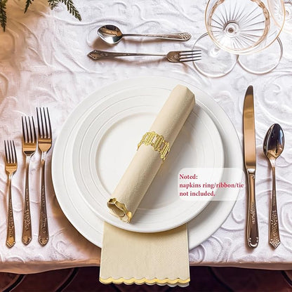 50 Beige Paper Napkins Decorative, Gold Foil Scalloped Edged Guest Napkins Disposable, Dinner Napkins for Wedding, Shower Baby, Birthday Parties Supplies(4 x 8 In, Beige)