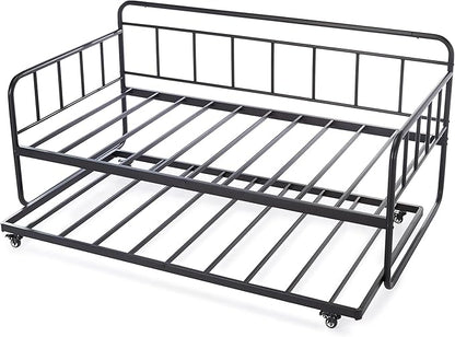 Amazon Basics Twin Daybed and Trundle Bed Frame Set, Space Saving Steel Slat Support, Easy Assembly, Twin Size, Black, 77.3 x 40 x 35.4 in