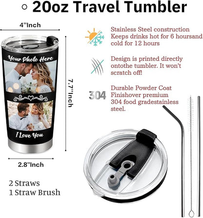 Personalized Tumbler with Pictures Text, Custom Photo Stainless Steel Coffee Tumbler, Coffee Travel Mug Cup 20 Oz Custom Gifts for Fathers Day Christmas Birthday for Dad Mom Kids