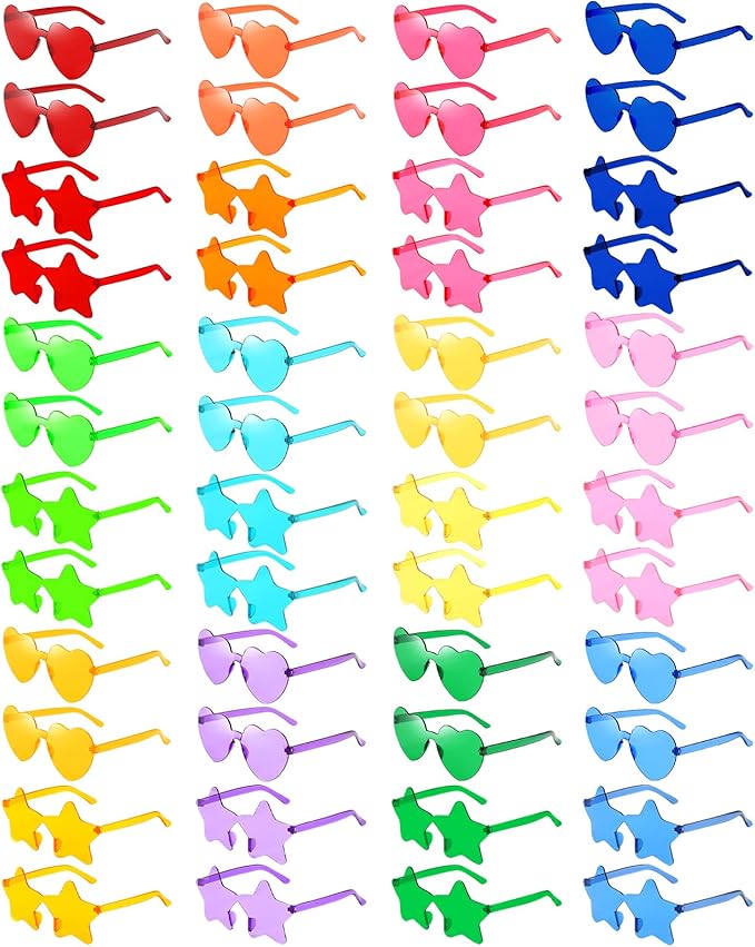 Wholesale 48 Pack Rimless Star/Heart Sunglasses Bulk Adults Unisex, Fun Colorful Star Heart Glasses Party Favors