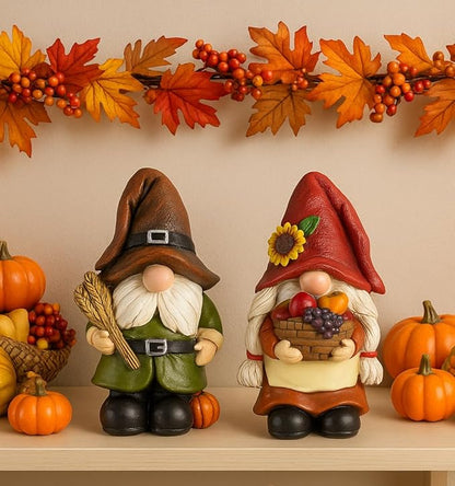 iStatue Thanksgiving Decorations Fall Gnome Figurines – 2 Pack Resin Harvest Figurines with Pumpkins, Wheat & Basket, Autumn Home Décor Accents for Table, Mantel, Shelf (Brown)