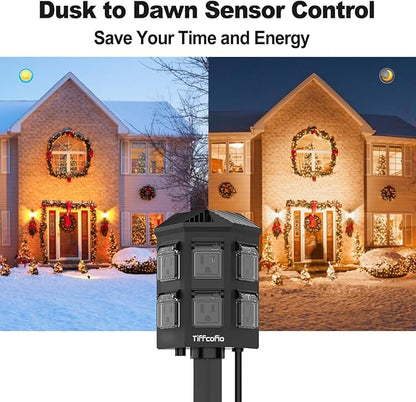 Outdoor Power Strip with 15 FT Extension Cord, 100FT Remote Control, Dusk to Dawn Light Timer Waterproof, 6 Grounded Outlets for Yard, Pool and Garden, ETL Listed