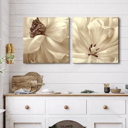 SEVEN WALL ARTS Flower Canvas Wall Art 2 Pieces Neutral Beige Floral Pictures Elegant Blossom Flowers Poster Print for Living Room Bedroom Office Boho Decor 24"x24"