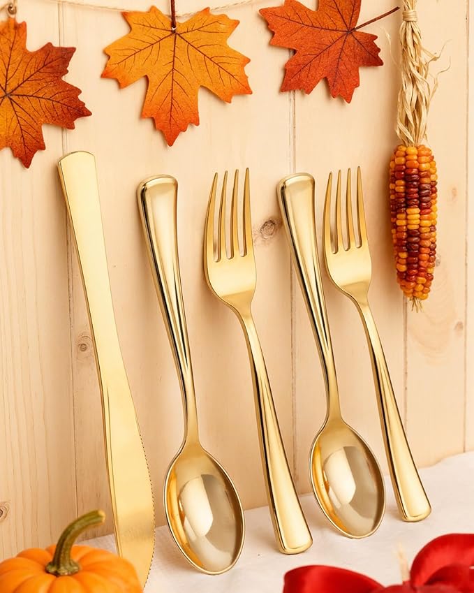 bUCLA 600 Pieces Gold Plastic Silverware - Disposable Gold Utensils - Heavyweight Plastic Cutlery set- 200 Forks, 200 Spoons, 200 Knives for Party & Thanksgiving