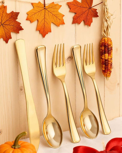 bUCLA 600 Pieces Gold Plastic Silverware - Disposable Gold Utensils - Heavyweight Plastic Cutlery set- 200 Forks, 200 Spoons, 200 Knives for Party & Thanksgiving