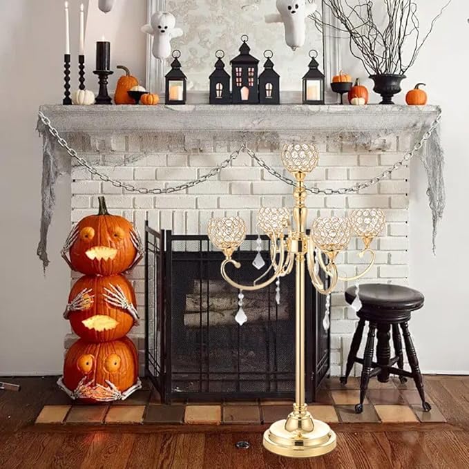 4Pack Gold 5 Arm Crystal Candelabras Centerpieces for Wedding,33 Inches Tall Crystal Candlestick Holders Table Top Chandelier Centerpiece for Party Events Baby Shower Christmas Decoration